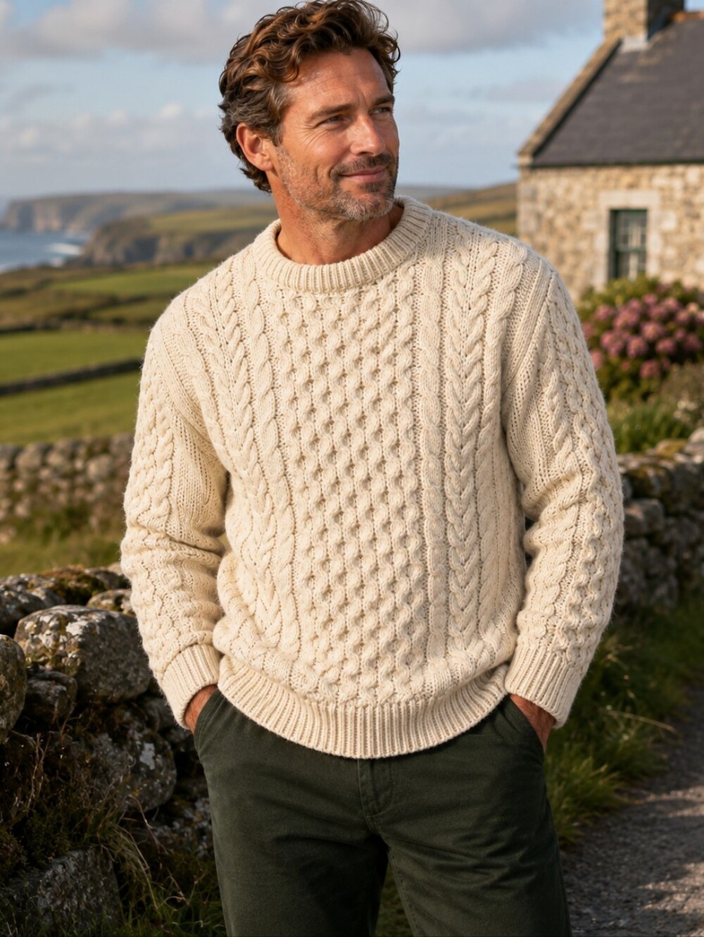 Carraig Donn XL Men’s Irish Aran Cable Knit Sweater 100% Pure New Wool Ireland